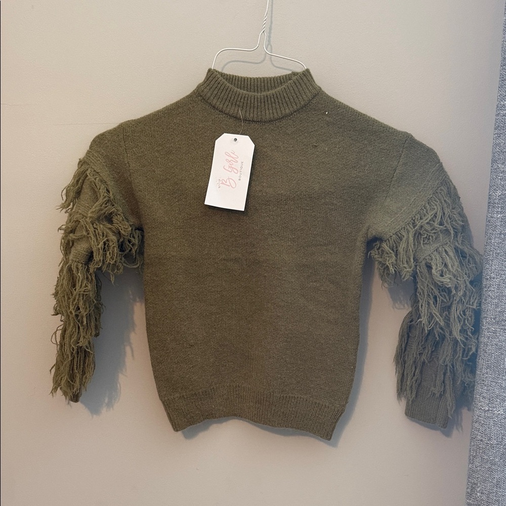 Olive Green Sweater with Fringe Sleeves